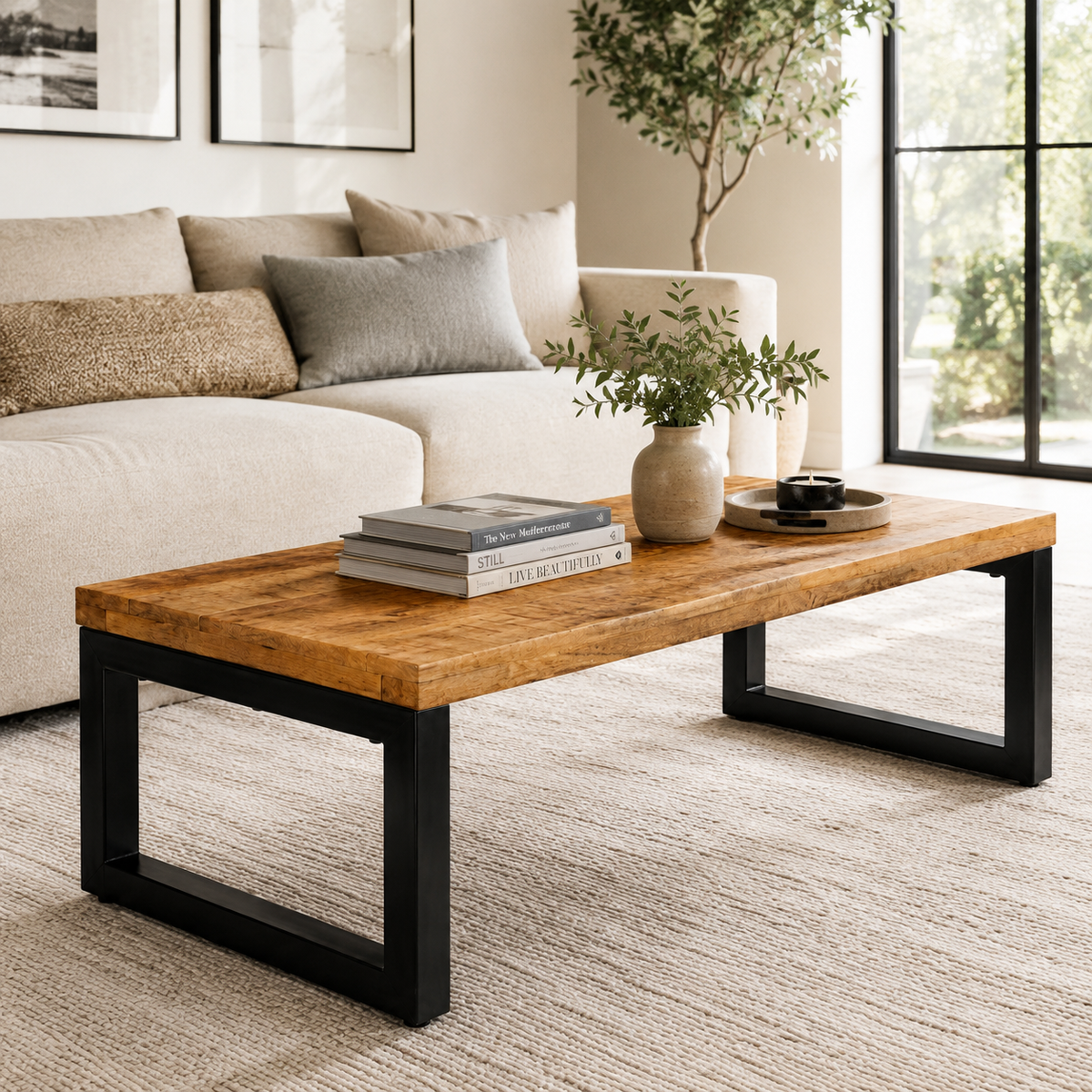 Table Basse en Manguier Massif avec Pieds en Métal | 100 cm