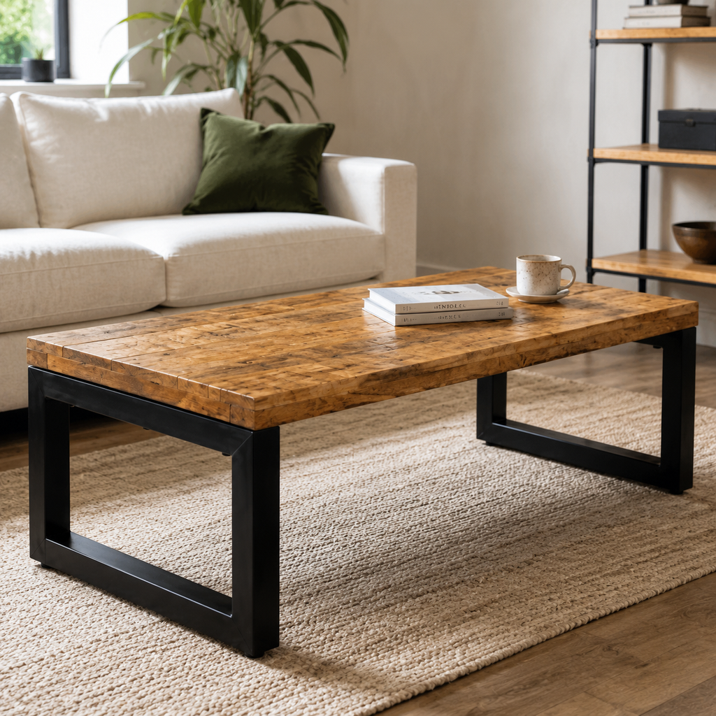 Table Basse en Manguier Massif avec Pieds en Métal | 100 cm
