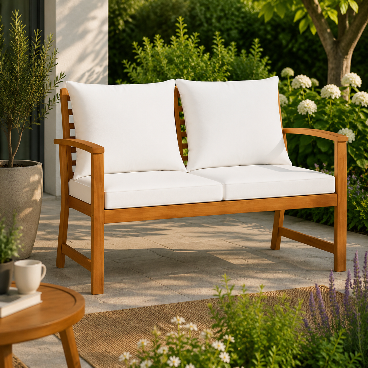 Banc de Jardin en Acacia Massif avec Coussins | 120 cm